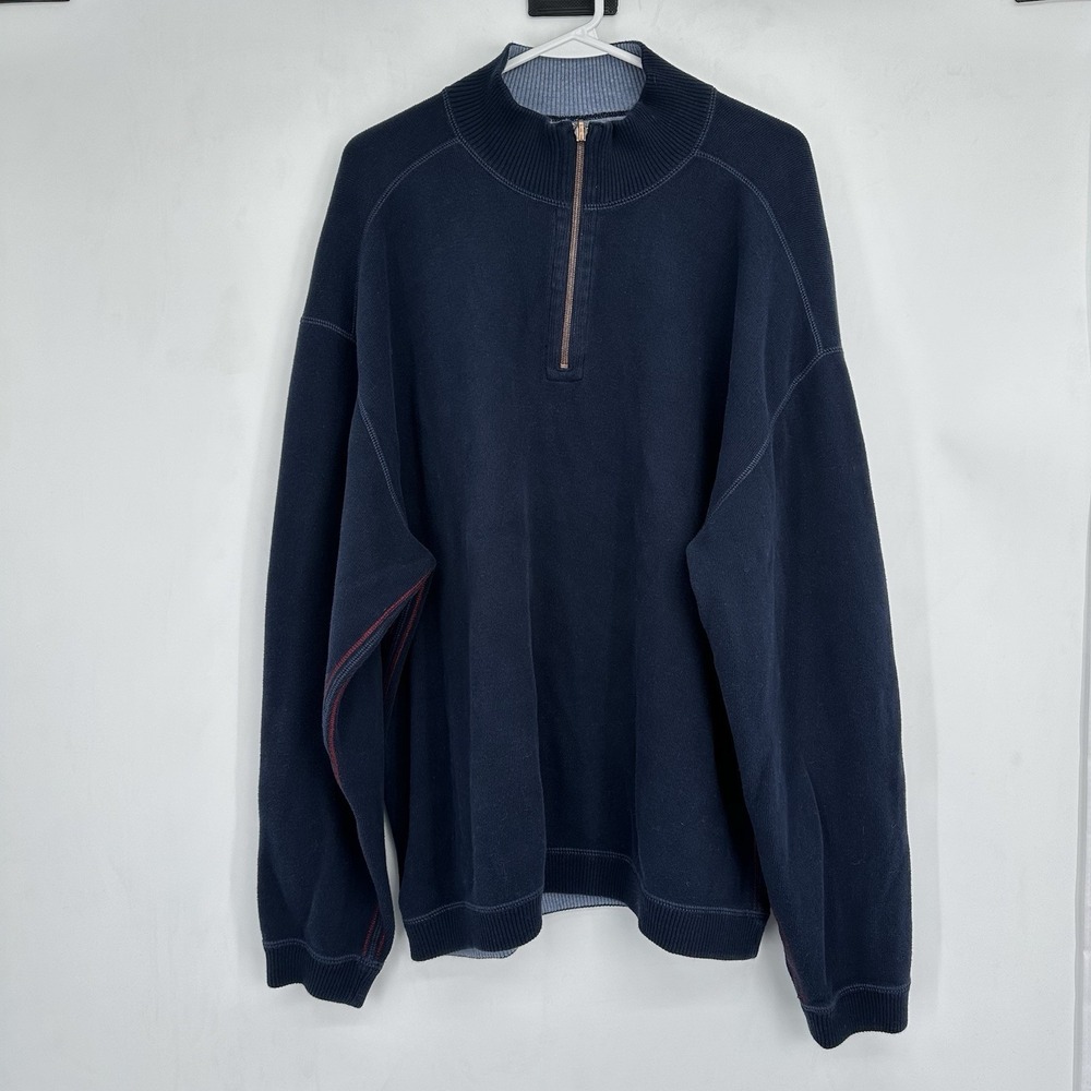 Tommy Bahama Men's XL Cotton Half Zip Mock Neck Sweater Blue Casual Classic